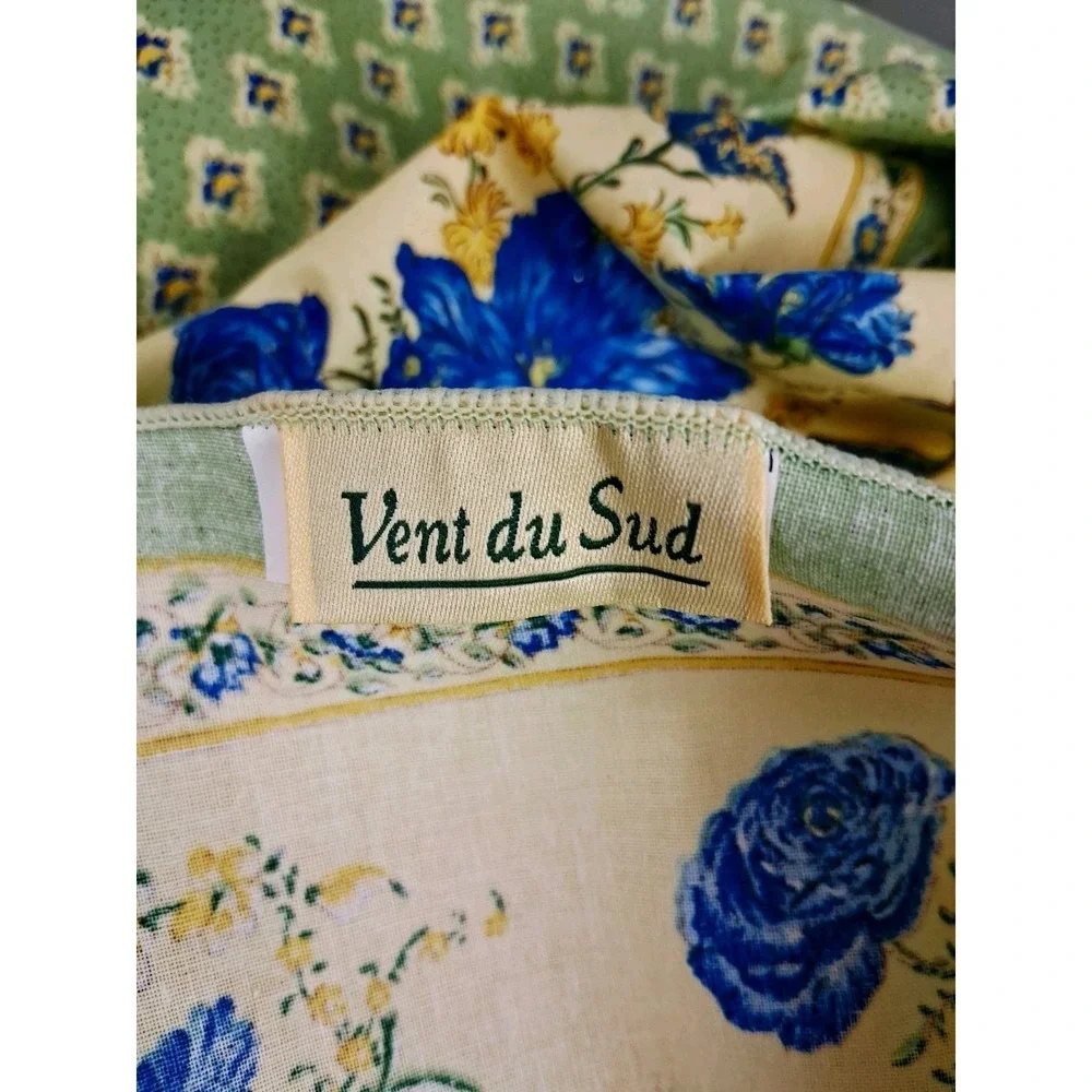 Vintage French Provencal Vent Du Sud Tablecloth 56in Square Waxed Cotton Green - Picture 3 of 8